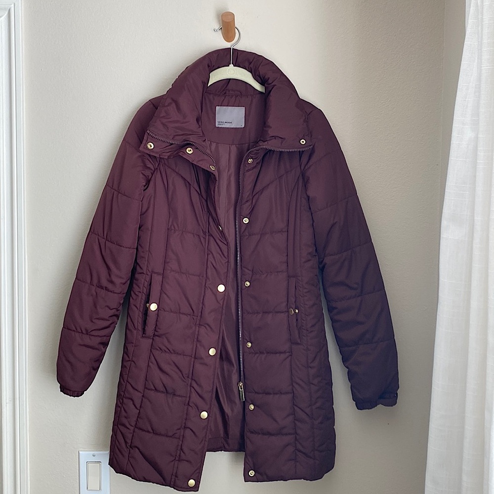 Long Puffer Coat, Vero Moda from ASOS, XS, Burgundy/Maroon